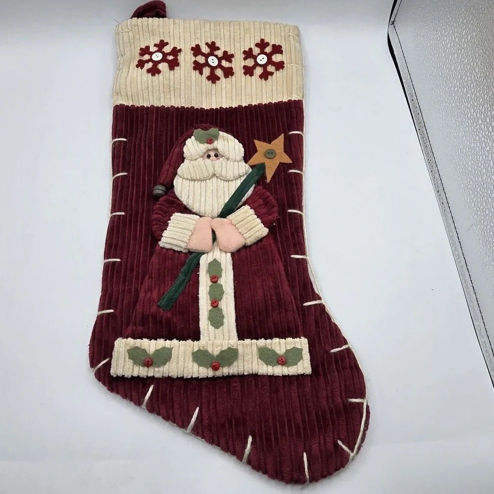 Santa‎ Claus Christmas Stocking Ribbed Corduroy Country Farmhouse Folk Art Vtg
